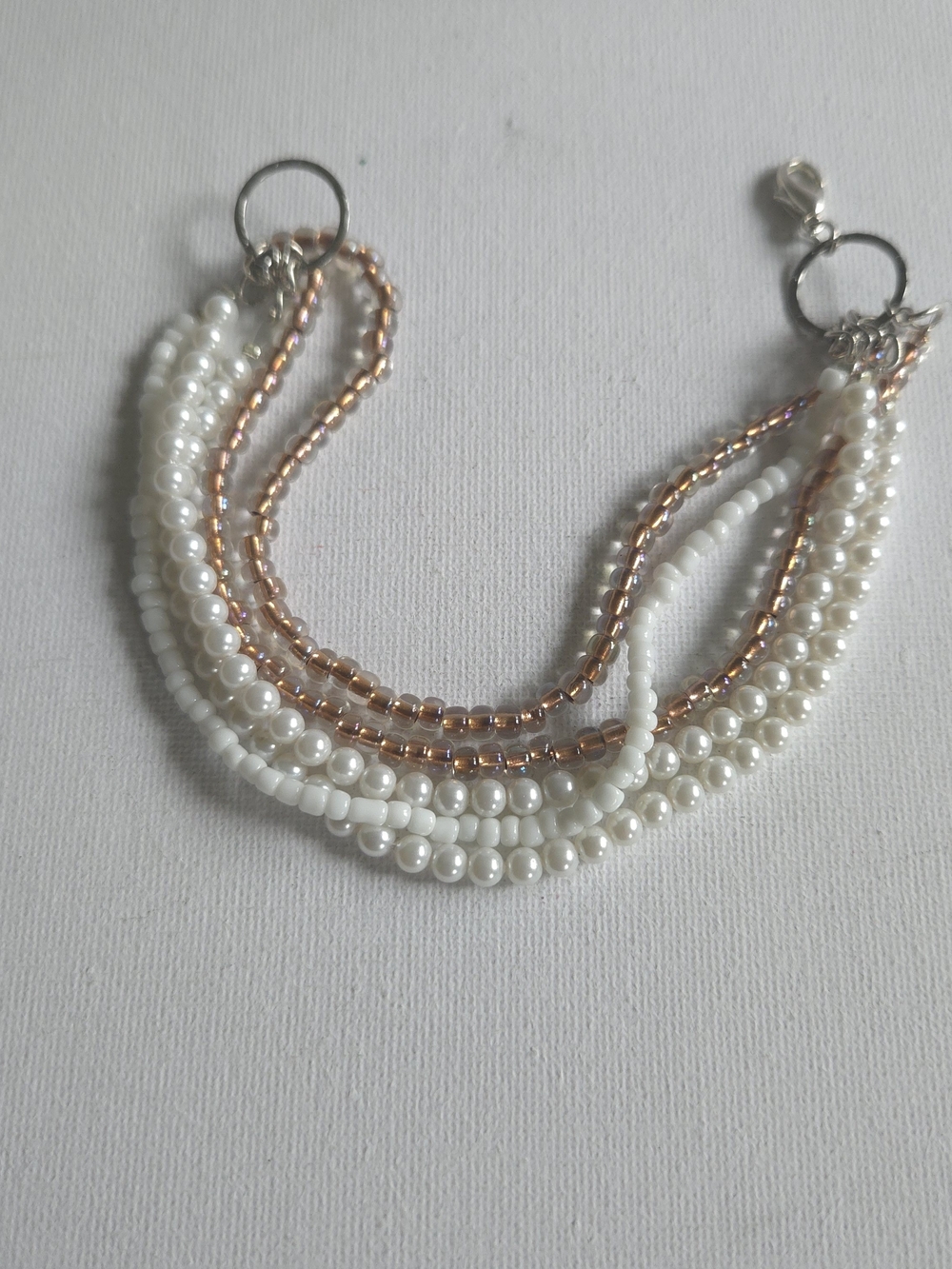 Multi Strand Faux Pearl & Amber Gold Seed Bead Layered Bracelet